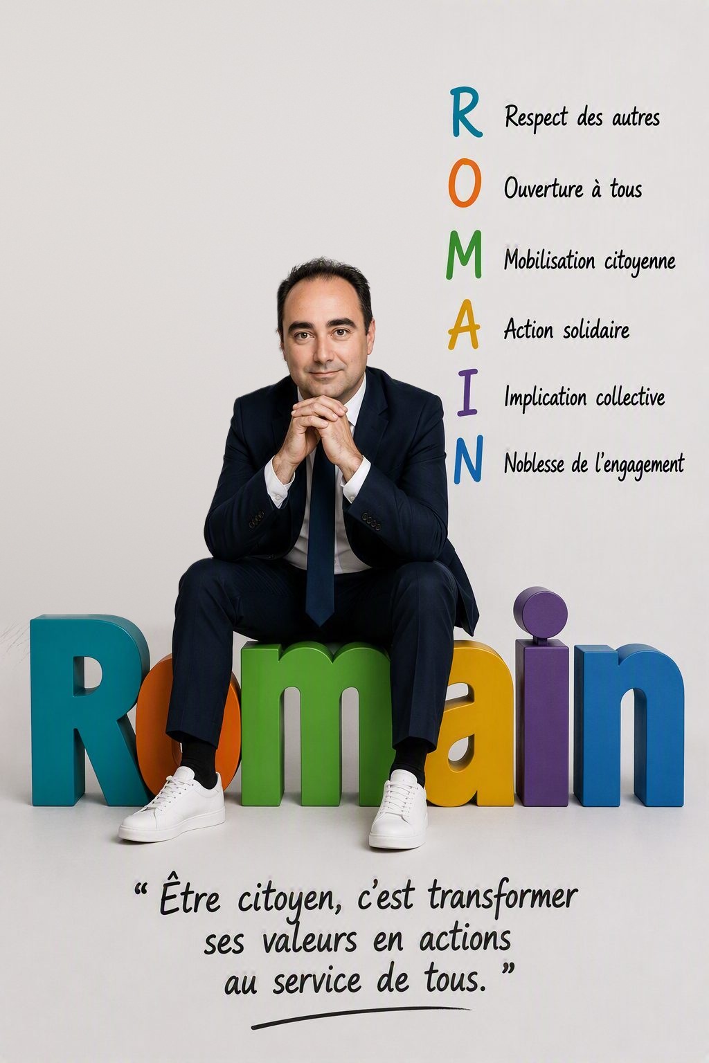 Visuel personnel : Romain Duinat assis sur de grandes lettres colorées formant son prénom, sur fond clair. À droite, l'acrostiche ROMAIN : Respect des autres, Ouverture à tous, Mobilisation citoyenne, Action solidaire, Implication collective, Noblesse de l'engagement. En bas, la citation : « Être citoyen, c'est transformer ses valeurs en actions au service de tous. »